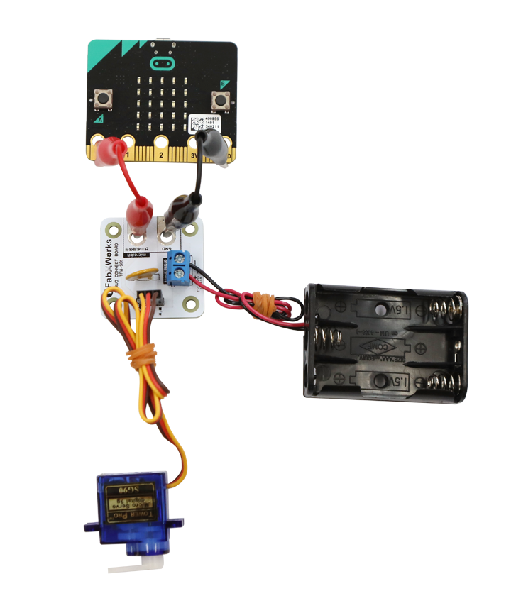 Aボタンを押すとサーボモーターが180度回転、Bボタンを押すと戻るProgram that servo turns around 180 degrees by pushing A button.